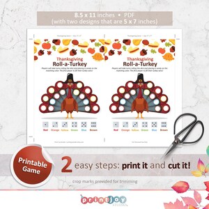 May include: Printable Thanksgiving game for kids. Two 5x7 inch game boards feature a turkey with a colourful tail. Players roll a die and place a sweet on the matching colour. The first player to fill their turkey wins.