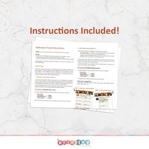 May include: Halloween Feud game instructions with two pages showing the game setup and rules. The game includes two rounds: Halloween Feud Questions and Fast Money Round. The game is designed for two teams to compete against each other.