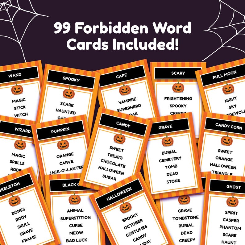 May include: A set of 99 Halloween-themed cards with orange and black stripes. Each card features a different Halloween word, such as "vampire", "ghost", "candy", and "grave".