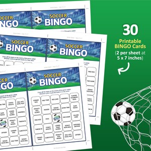 以下が含まれることがあります： サッカーボールのグラフィックと「Soccer Bingo」の文字が入った、印刷可能なサッカービンゴカード。各カードは12.7 x 17.8 cmです。カードには、「フリーキック」や「ゴールキーパーがボールをセーブ」などのサッカー関連用語が記載されています。