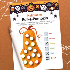 May include: Halloween Roll-a-Pumpkin game with a pumpkin shaped board and a dice roll chart. The chart shows the colours red, orange, yellow, green, blue, and brown.