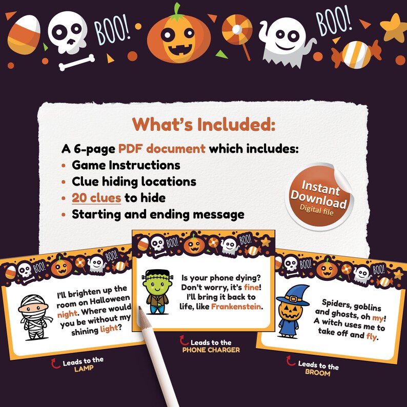 Puede incluir: Un juego de b&uacute;squeda del tesoro de Halloween imprimible con 20 pistas para esconder. El juego incluye instrucciones, ubicaciones para esconder las pistas y un mensaje de inicio y final. El juego est&aacute; dise&ntilde;ado para descarga instant&aacute;nea.