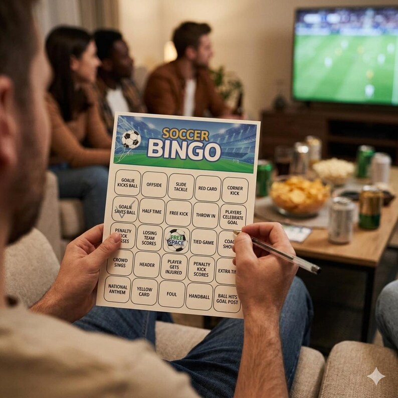 以下が含まれることがあります： サッカーのビンゴカードをペンで持つ人。友人はテレビでサッカーの試合を観戦しています。カードには「オフサイド」や「フリーキック」などのサッカー関連用語が記載されています。軽食と飲み物がコーヒーテーブルにあります。