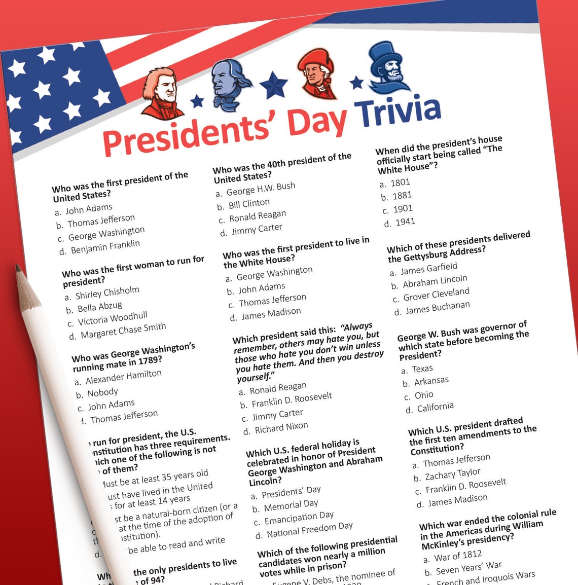 Presidents Day Trivia Game Presidents Day Game US Presidents Etsy