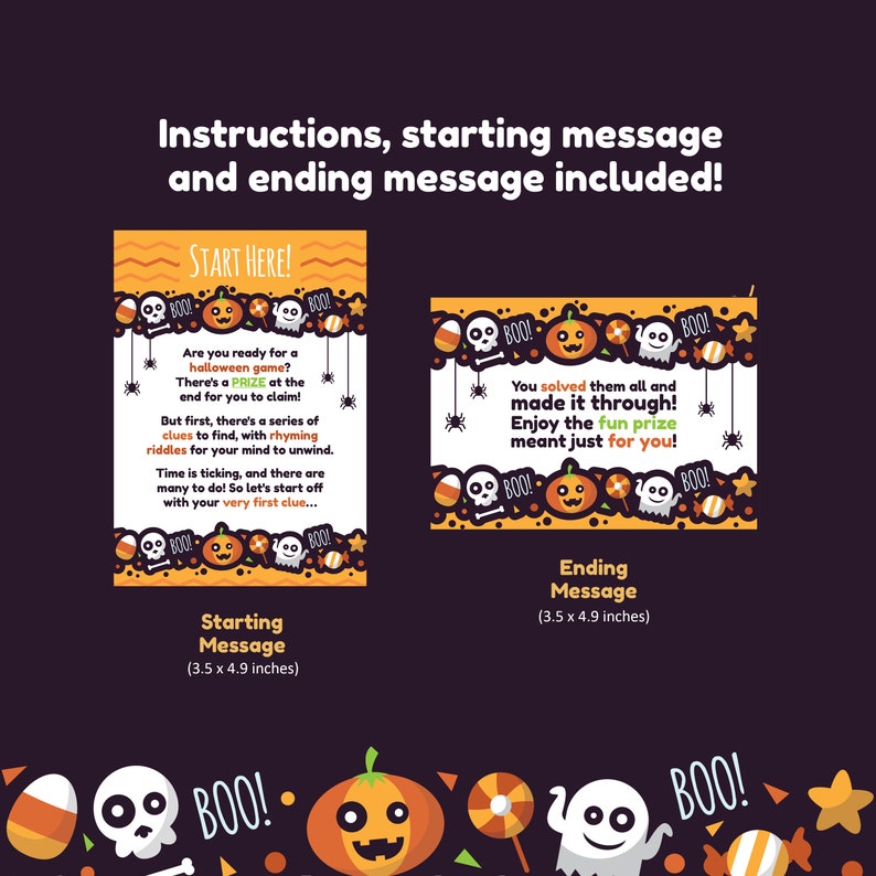 Puede incluir: Un juego de Halloween imprimible con instrucciones, un mensaje de inicio y un mensaje de final. El juego incluye una serie de acertijos en rima para resolver. El juego mide 3,5 pulgadas por 4,9 pulgadas.