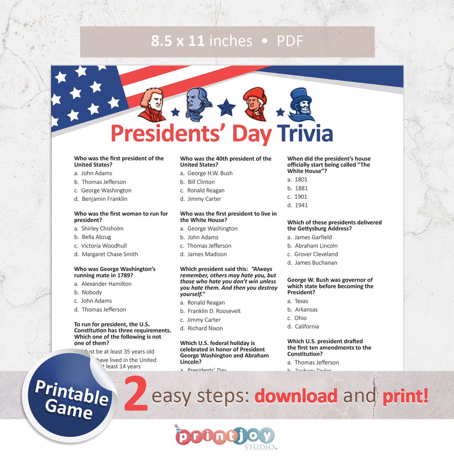 Presidents Day Trivia Game Presidents Day Game US Presidents Etsy