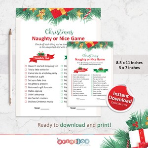 May include: A printable Christmas Naughty or Nice game with a festive green and red color scheme. The game features two lists: Naughty and Nice. Each list has a series of checkboxes with activities related to the Christmas season. The game is designed to be played with friends and family.