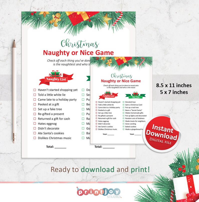 May include: A printable Christmas Naughty or Nice game with a festive green and red color scheme. The game features two lists: Naughty and Nice. Each list has a series of checkboxes with activities related to the Christmas season. The game is designed to be played with friends and family.