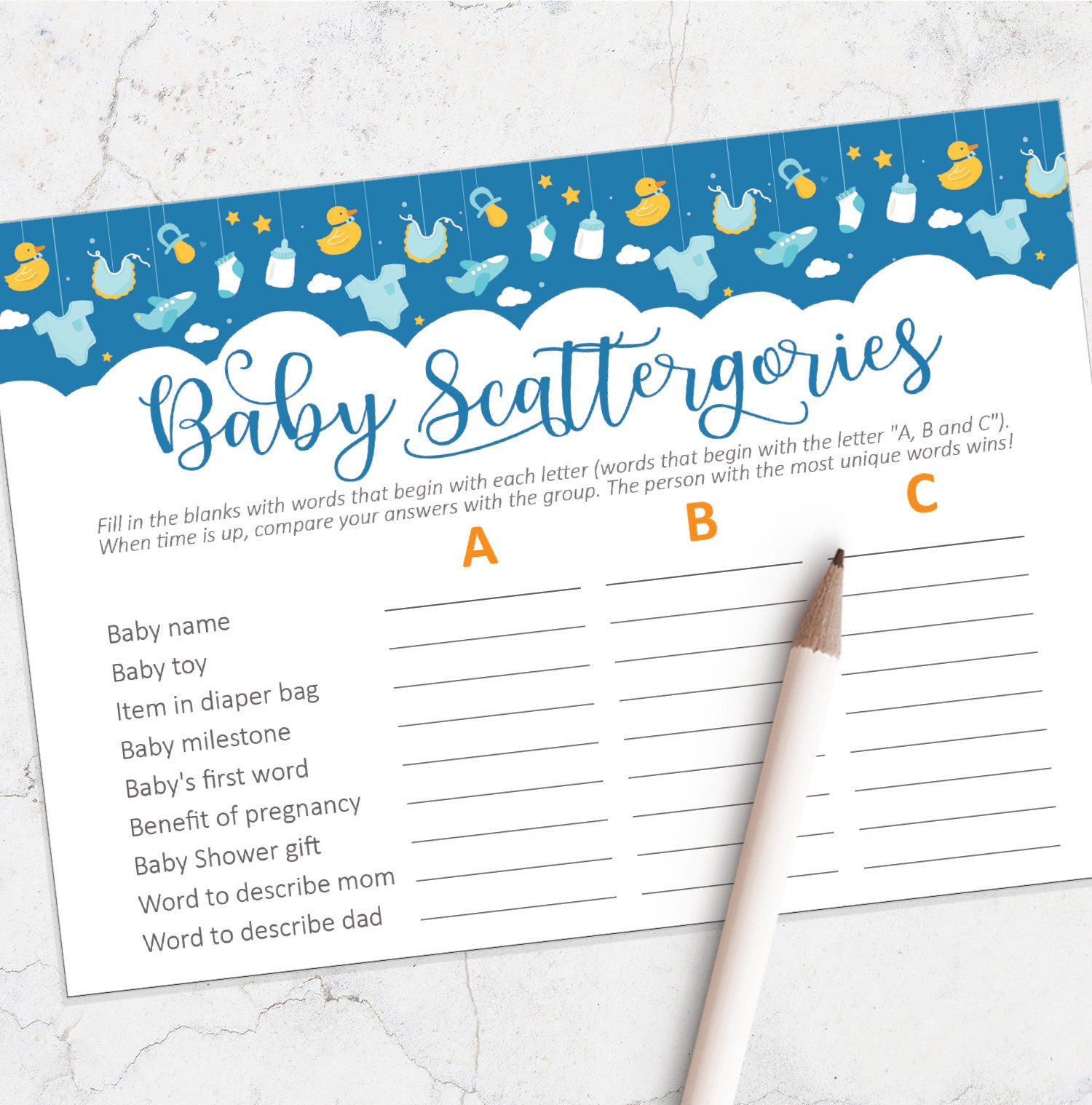 Scattergories-spel voor babyshower, afdrukbare blauwe babyshowergames, jongensbabyshower, instant download