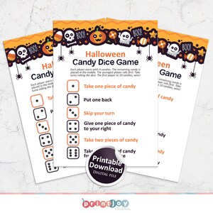 Może przedstawiać: Drukowana gra w kości z cukierkami na Halloween w kolorze pomarańczowym, czarnym i białym. Plansza do gry przedstawia dynię, ducha i pająka. Instrukcje: Weź jeden cukierek, Odł&oacute;ż jeden, Przepuść swoją turę, Oddaj jeden cukierek osobie po prawej, Weź dwa cukierki.