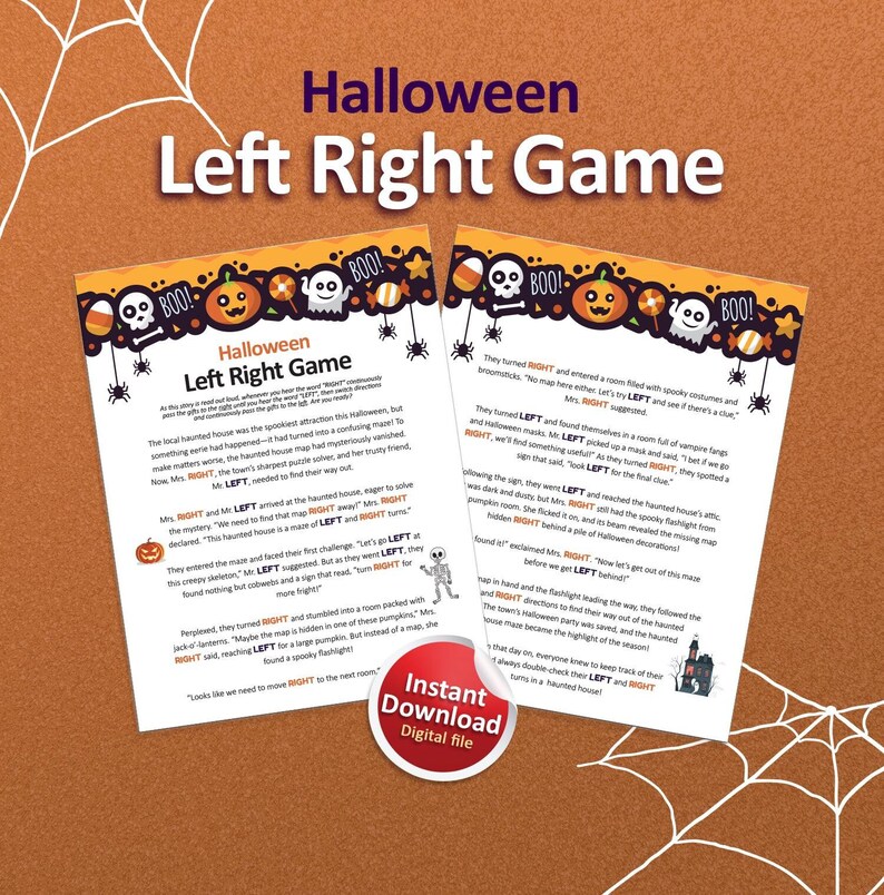 Op de afbeelding: Een printbaar Halloween-spel voor kinderen. Het spel heet "Left Right Game" en bevat een spookhuis met een doolhof van links- en rechtsafslaan. Het spel bevat een kaart en instructies die spelers moeten volgen.