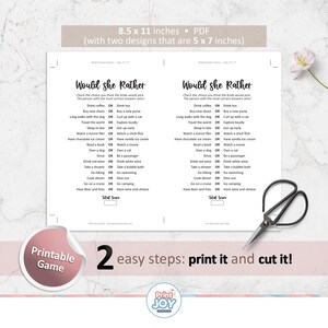 May include: Printable bridal shower game with two designs, each 5 x 7 inches. The game is titled "Would She Rather" and includes a list of choices. The image also includes scissors and text that says "Print it and cut it!"