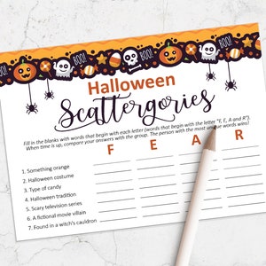 Scattergories Halloween game, Printable Halloween party games, Halloween printables