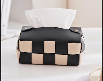Luxury Handwoven Leather Tissue Box – Checkerboard Tissue Cover, Modern Minimalist Living Room Decor