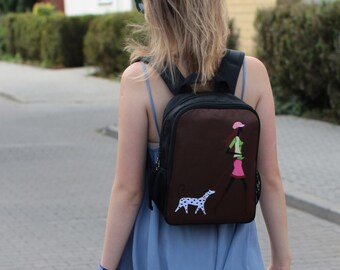 backpack for women Misu Kasshoku small backpack with pockets urban backpack Paris pattern colorful backpack with dog mały plecak damski