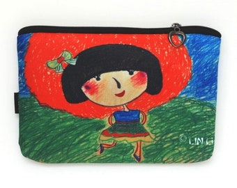 Borsa trucco Kokeshi Happi borsa cosmetica imbottita con cerniera per donna piccola borsa piatta per trucco borsa per cosmetici per donna