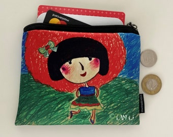 Padded coin purse Kokeshi Happi. change purse credit card wallet with zipper small womens wallet colorful card holder art credit card sleeve