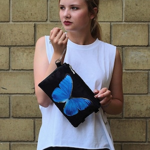 cartera mariposa azul. Cho Kuro, pequeño bolso de noche negro con mariposa monedero de metal con correa de cadena monedero de mariposa
