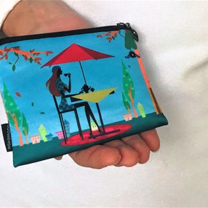 Tarjetero y monedero azul para mujeres patrón de París. Misu Ao billetera con tarjeta de crédito con cremallera cartera pequeña para mujeres