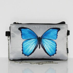 Cartera de mano gris Cho Gure. Bolso de mano mariposa azul con cadena larga bolso de noche gris pequeño con mariposa bolso de noche correa