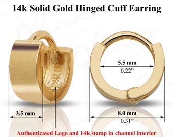 14k White or Yellow Solid Gold Flat Mini Ear-Cuffs or Huggie Earrings (7.0-20.0x3.5mm), Piercing to Lobe, Upper-lobe for Women, Men, Teens