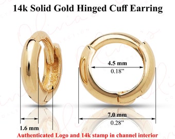 14k White or Yellow Solid Gold Mini-Click Ear-Cuffs or Huggie Earrings (7.0-13.0x1.6mm), Piercing to Lobe, Upper-lobe for Women, Men, Teens