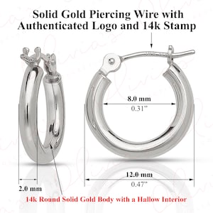14k White Gold Hoop Earrings (12-50x2.0mm), Piercing to Lobe, Upper-lobe for Women, Men, Teens