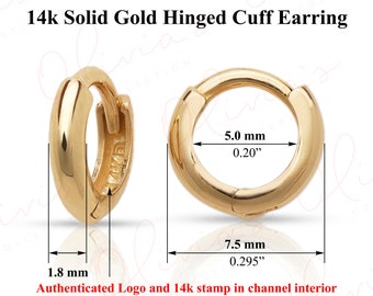 Mini aretes o aretes Huggie de oro macizo blanco o amarillo de 14 k (7,0-13,0 mm x 1,8 mm), perforación del lóbulo, lóbulo superior para mujeres, hombres y adolescentes