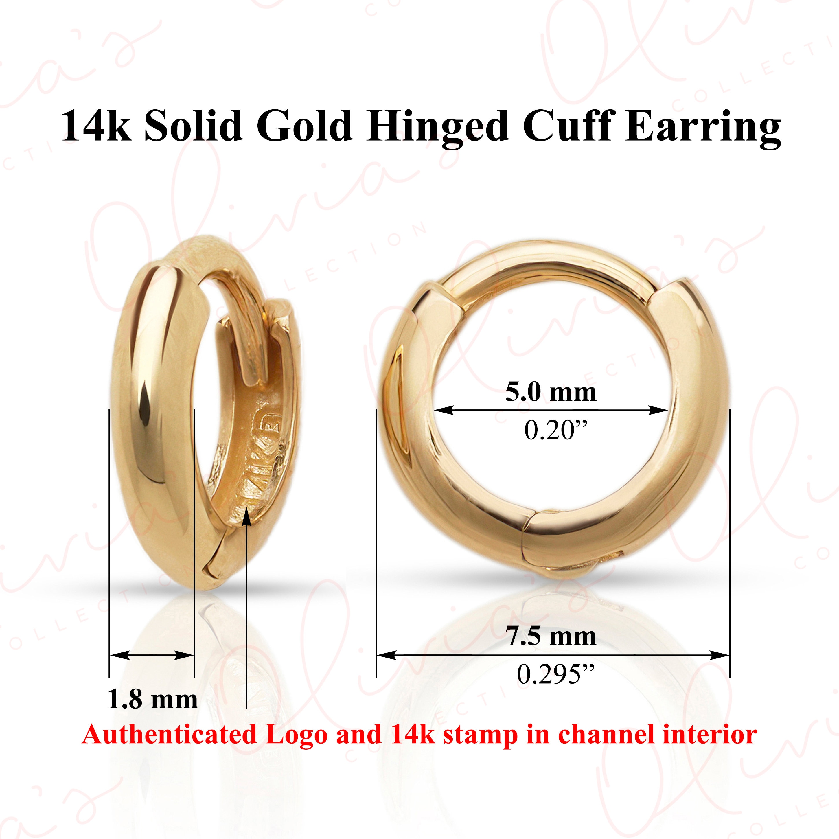 14k White or Yellow Solid Gold Mini-Click Ear-Cuffs or Huggie Earrings (7.0-13.0x1.8mm), Piercing to Lobe, Upper-lobe for Women, Men, Teens