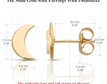14k Yellow Gold Star and Moon Push Back Stud Earrings, Unisex Adult, Teens, Lobe, Upper-lobe