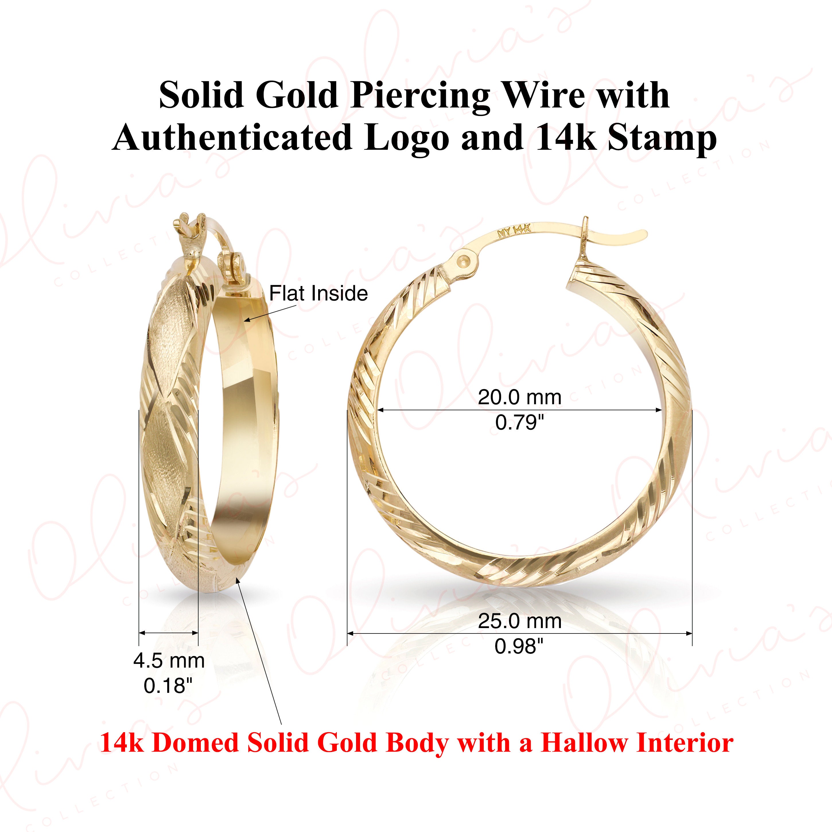 14k Yellow Gold Bengal Diamond Cut Hoop Earrings (25-55x2.3mm), Unisex Adult, Woman, Teens