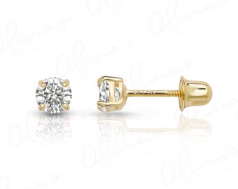 14k Solid Gold 2.5 -3.5mm Lab-Grown Diamond Stud Earrings, Screw Back, White or Yellow