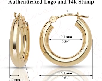 14k Yellow Gold Classic Chunky Hoop Earrings (16-50 x 3.0mm), Piercing to Lobe, Upper-lobe for Women, Men, Teens