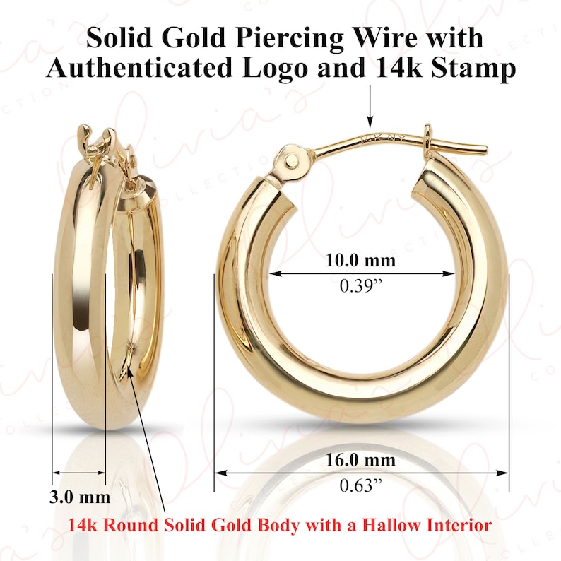 14k Yellow Gold Classic Chunky Hoop Earrings 16-50 x 3.0mm, Piercing to Lobe, Upper-lobe for Women, Men, Teens 16mm Yellow-1pair