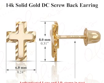 14k White or Yellow Solid Gold Cross Screw Back Stud Earrings 8.0x6.0mm, Unisex Adult, Teens, Children, Lobe Upper-lobe