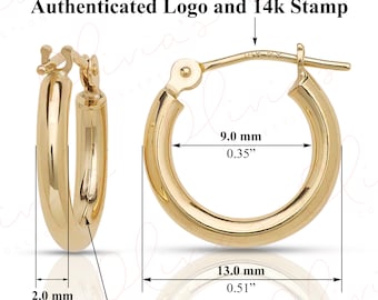 14k Yellow Gold Hoop Earrings (12-50x2.0mm), Piercing to Lobe, Upper-lobe for Women, Men, Teens