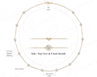 Cubic Zircon by the Yard 16"- Choker or 18"- Princess Station Necklace in 14k Yellow or White Gold