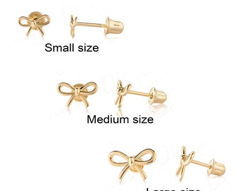 14k White or Yellow or Rose Solid Gold Bowtie Screw Back Stud Earrings, Lobe Upperlobe Piercing to Woman, Man, Teens, Children