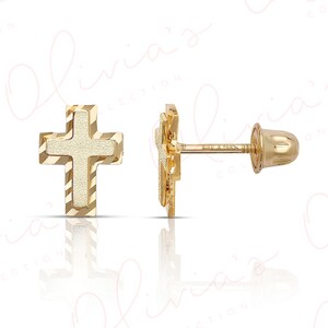 14k Solid Gold Cross Stud Earrings: Sandblasted Screw Back
