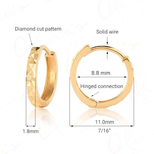 14k White or Yellow Gold Diamond Cut Huggie Earrings (11.0x8.5x1.8mm), Piercing to Lobe, Upper-lobe, Gift to Women, Men, Teens