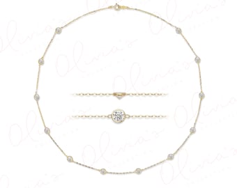 Cubic Zirconia by the Yard 16&quot;- Choker or 18&quot;- Princess Station Necklace in 14k Yellow or White Gold