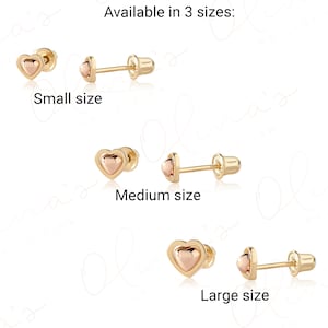 Aretes de oro macizo de 14 k en dos tonos con forma de corazón y cierre de rosca para mujeres, hombres, adolescentes o niños, ideales para perforar el lóbulo de la oreja y el lóbulo superior.