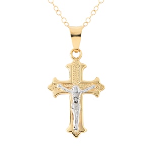 14k Two-Tone Gold Crucifix Pendant Necklace: 16&quot; Cable Chain