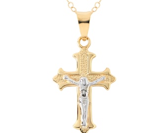 14k Two-Tone Gold Crucifix Pendant Necklace: 16" Cable Chain