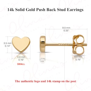 14k Solid Gold Heart Push Back Stud Earrings, Piercing Women, Men, Teens Children