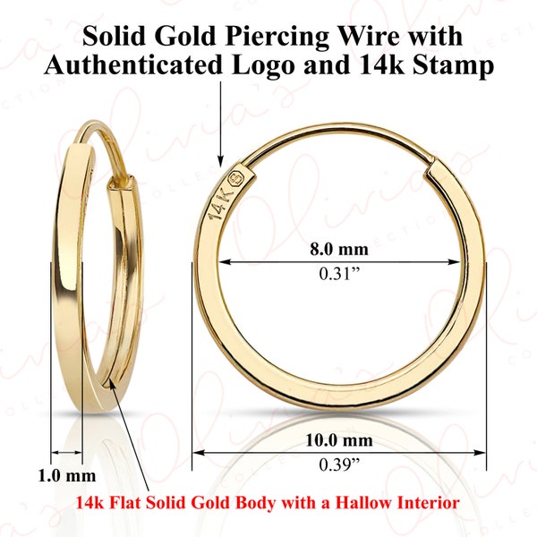 14k Yellow Gold Lightweight Flat Endless Hoop Earrings (10-20mm) True 1.0x1.0mm Width Piercing Hoop to Lobe Upper-lobe for Women, Men, Teens