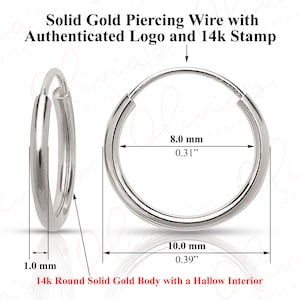 14k White Gold Lightweight Endless Hoop Earrings (10-20x1.0mm), True 1.0mm diameter piercing to Lobe, Upper-lobe for Women, Men, Teens