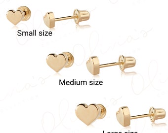 14k White  or Yellow or Rose Solid Gold Heart Screw Back Stud Earrings, Earlobe, Unisex, Women , Teens