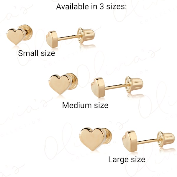 14k White  or Yellow or Rose Solid Gold Heart Screw Back Stud Earrings, Earlobe, Unisex, Women , Teens