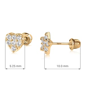 14k Gold Star and Heart Stud Earrings: Cubic Zirconia Screw Back